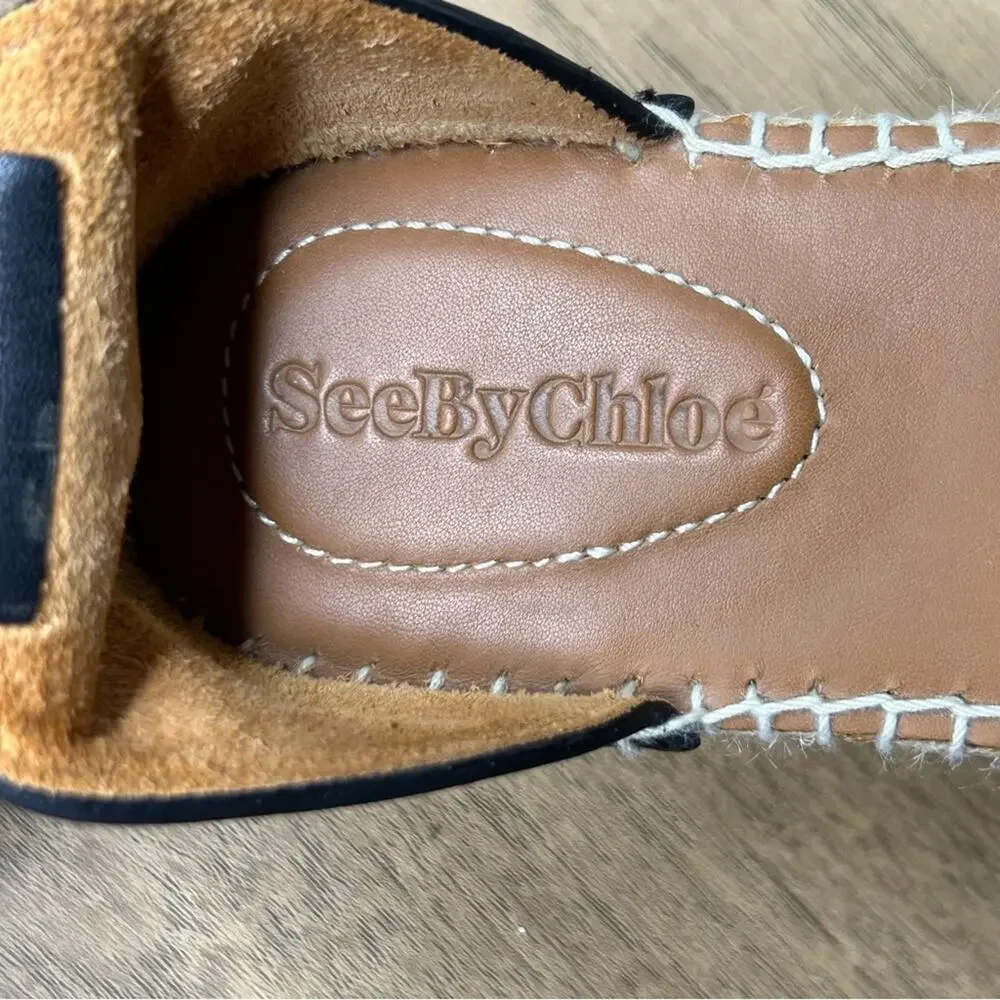 See by Chloe Glyn Espadrille Sandal Black Ankle Strap Size 37